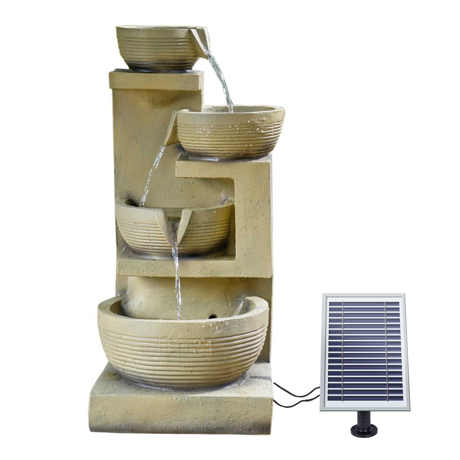 Fontaine de Jardin Solaire avec Batterie Li-ION et Lumière LED 70 cm - Bols Versants 4 Niveaux