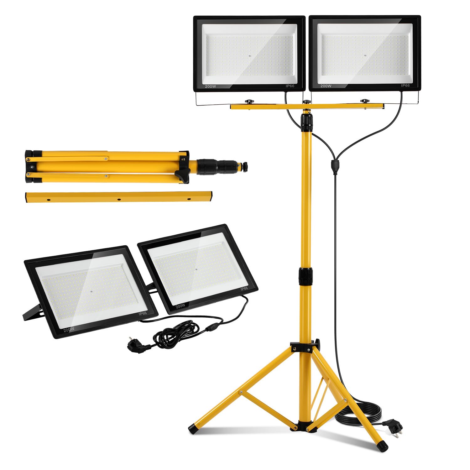 2 faretti LED da costruzione da 200 W, con treppiede, IP66, regolabili in altezza e girevoli, con cavo da 3 m, senza manutenzione, per cantieri, officina, giardino