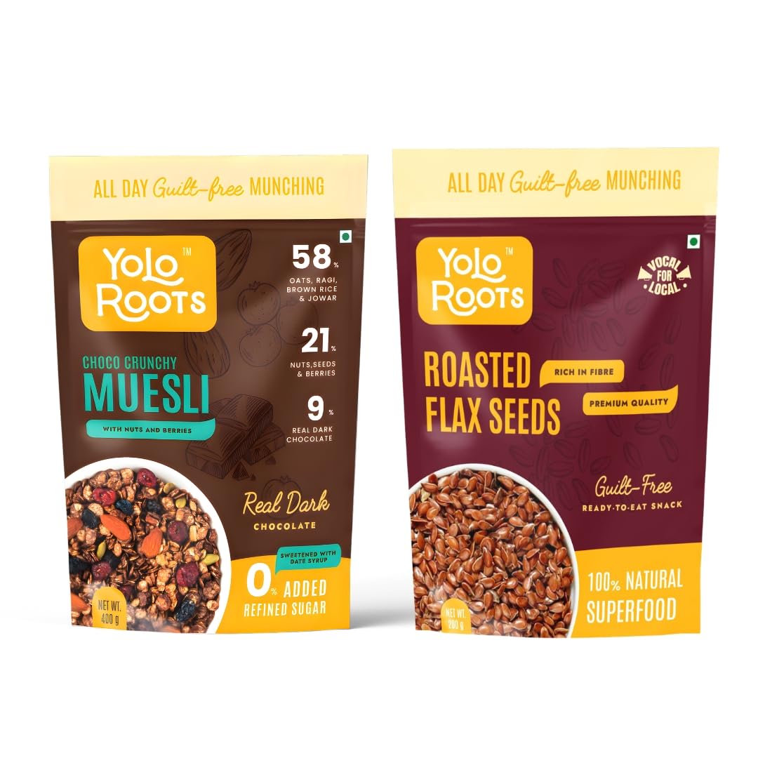 Yolo Roots Choco Crunchy Muesli 400g & Roasted Flax Seeds 200g Combo, No Added Sugar, High Fiber Breakfast Cereal & Omega 3 Rich Superfood Seeds, Healthy Snack with Oats, Nuts & Seeds, Energy Food (Pack of 2)