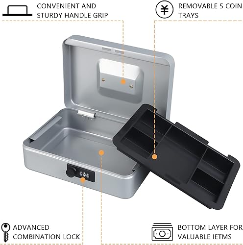 Miniatura 3 de KYODOLED Caja de efectivo grande con cerradura de combinación, caja de metal segura para dinero, caja de bloqueo de almacenamiento con bandeja para