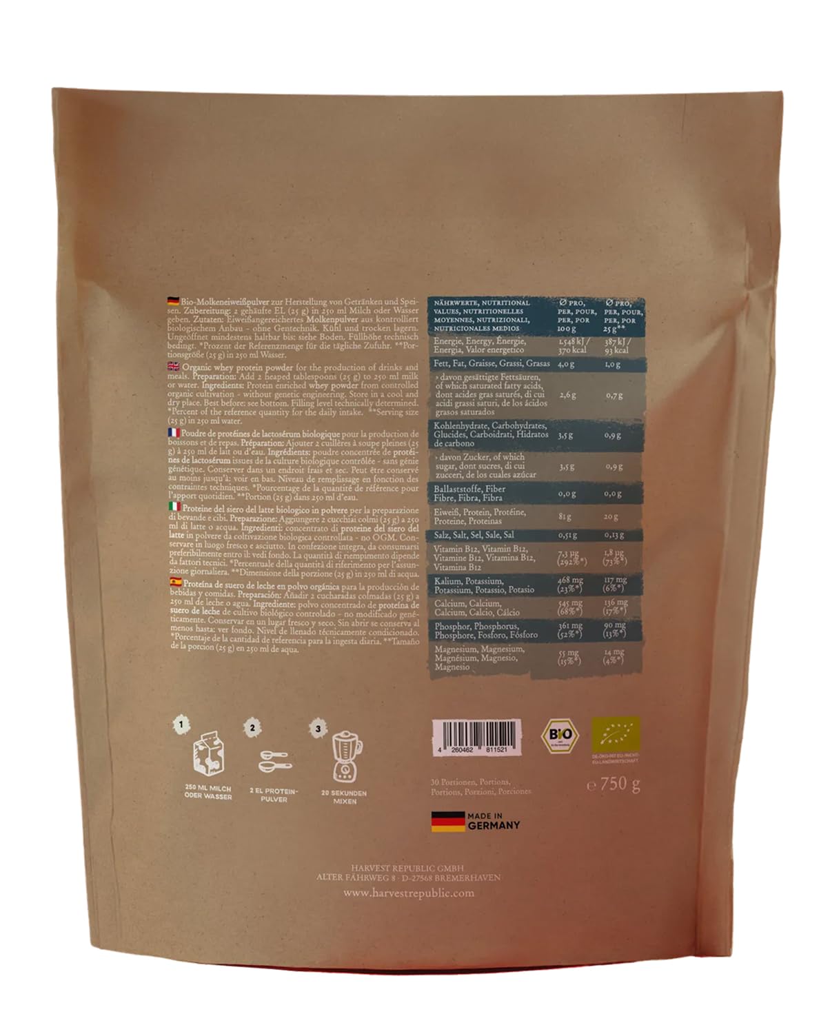 HARVEST REPUBLIC Bio Whey Protein Pulver Natur 750 g | Eiweiß Protein Pulver aus Molke | Molkenproteine für Muskelaufbau | bis zu 20 g Protein pro Portion | Bio Proteinpulver ohne Zusatzstoffe
