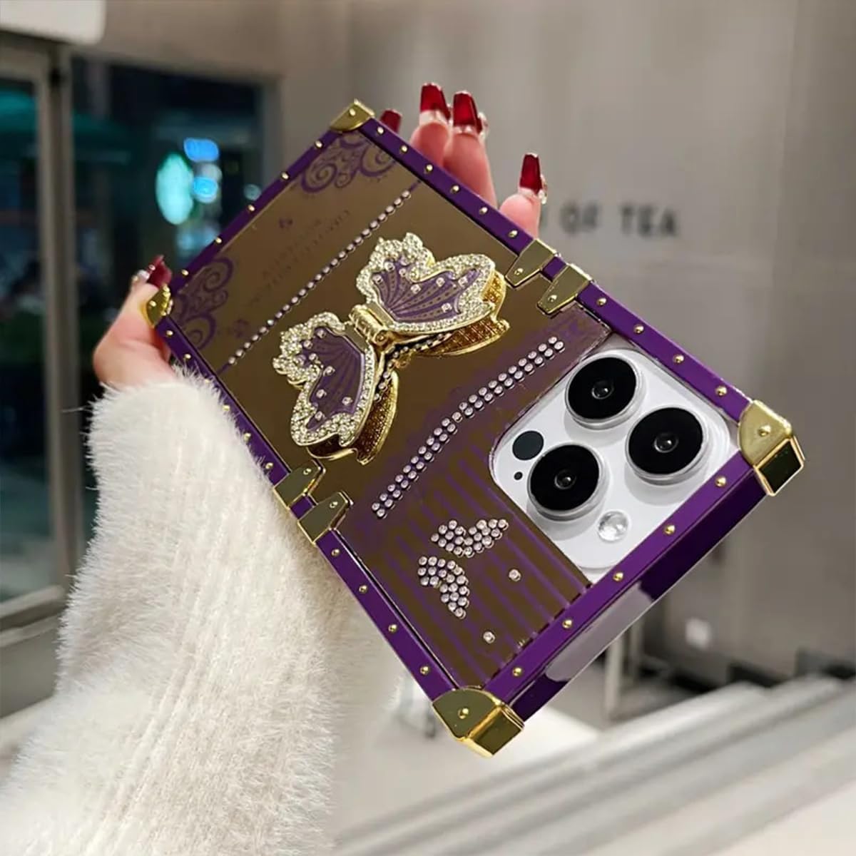 AuroiCYY for iPhone 15 Pro Max Butterfly Stand Case, Glitter Bling Foldable Kickstand Woman Girly Mirror Back Golden Plated Shockproof Protective Elegant Cute Soft Cover for iPhone 15 Pro Max (Purple) - Image 7