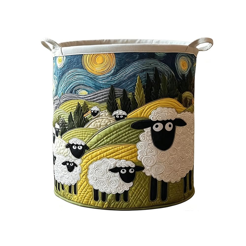 3D Cute Sheep Print Quilted Laundry Basket Home Storage Hamper with Handles (KT33789A01,L)