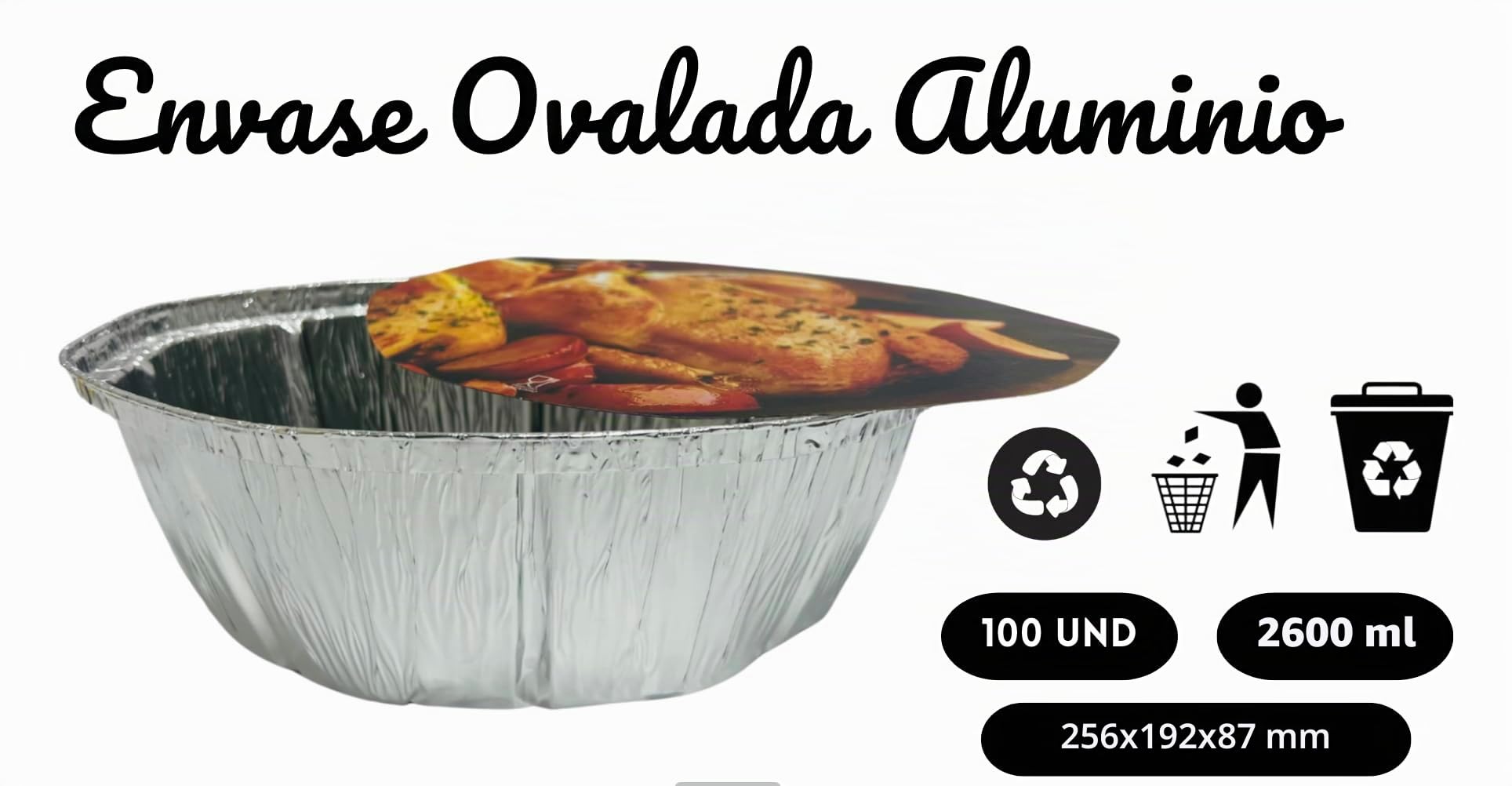 Envases de Aluminio Ovalados con Tapa, Apto para Horno y Microondas, Bandejas Reciclables para Pollo Asado y Comida para Llevar, 256x192x87 MM, 100 Unidades 2600ml