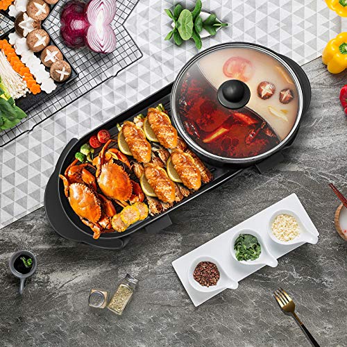 SEAAN Electric Grill Hot Pot  2 in 1 Household Multifunctional Electric barbecue grill Indoor Hot Pot Large Capacity Non-Stick Pan Electric Cooker with 5 Temperature Adjustments US Store