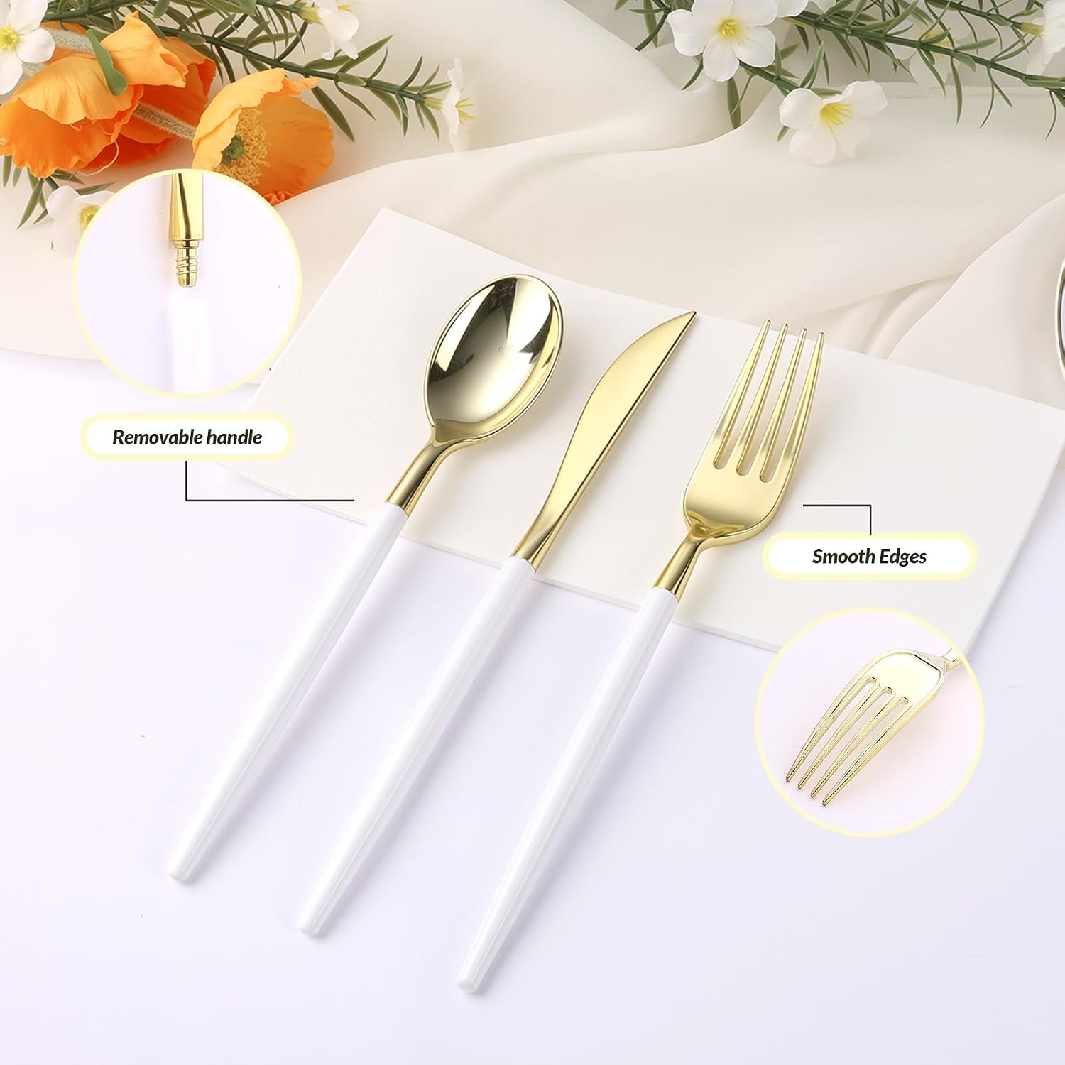 goodluck 90 pcs gold plastic silverware heavy duty disposable cutlery set for 30 guests includes 30 forks, 30 knives, 30 spoons, plastic utensils perfect for wedding, birthday, party, graduation white 90