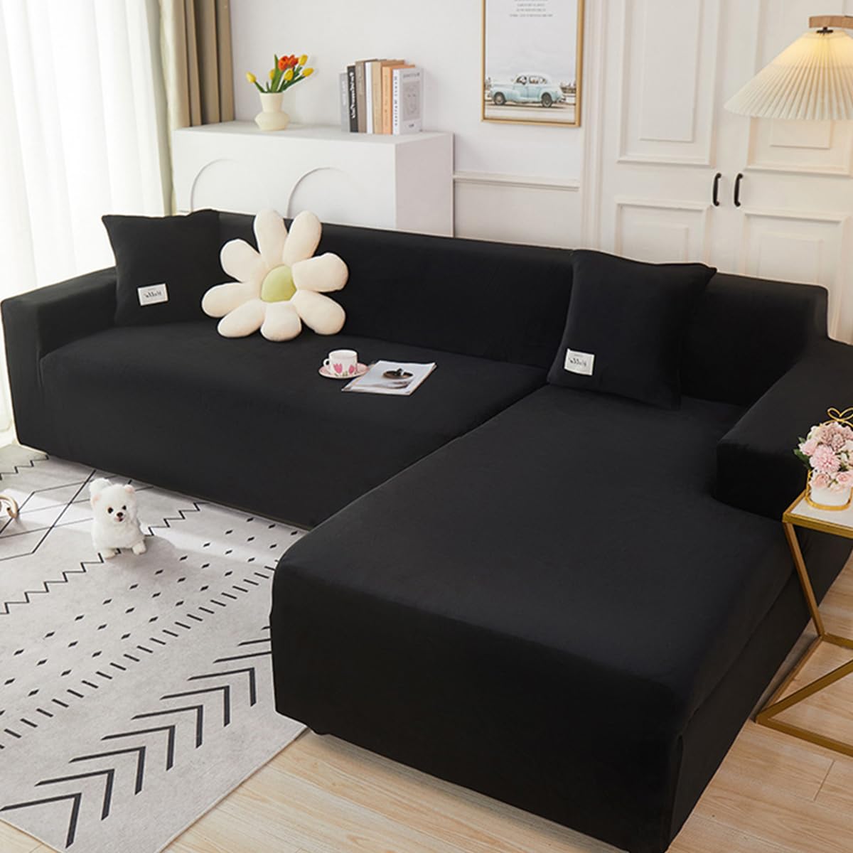 JunJiale Sofa Cover 2 Piece L-Shaped 5+5 seat Velvet Couch Cover Stretch Recliner Chair Cover Furniture Sofa Loveseat Cover Protector (Black)
