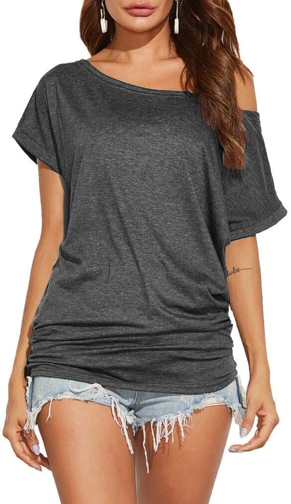 Poetsky Women's Summer Off Shoulder Shirts Casual Loose Short Sleeve Tunics Tops