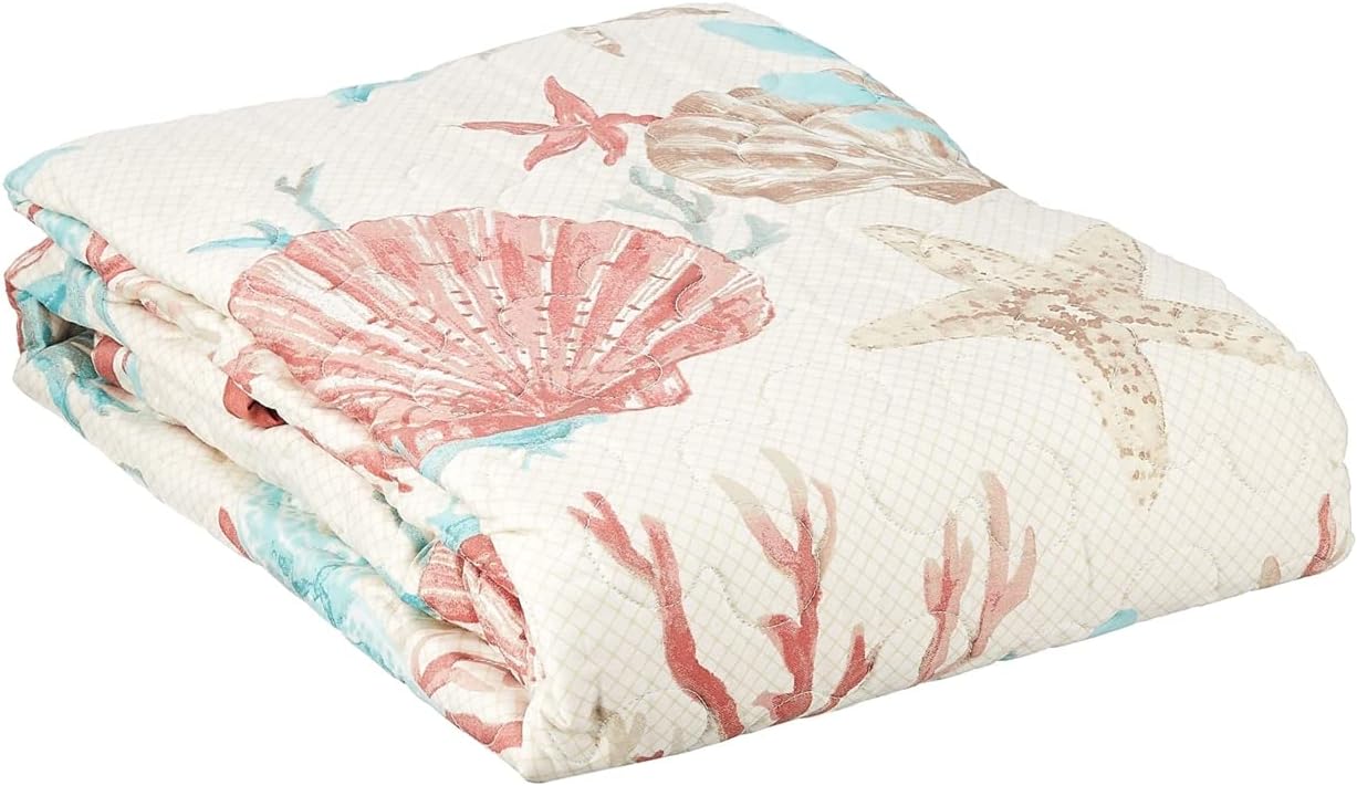 Pebble Beach Luxury Oversized Cotton Quilted Throw Coral Aqua 50x70 Coastal Premium Soft Cozy Cotton Sateen For Bed, Couch or Sofa