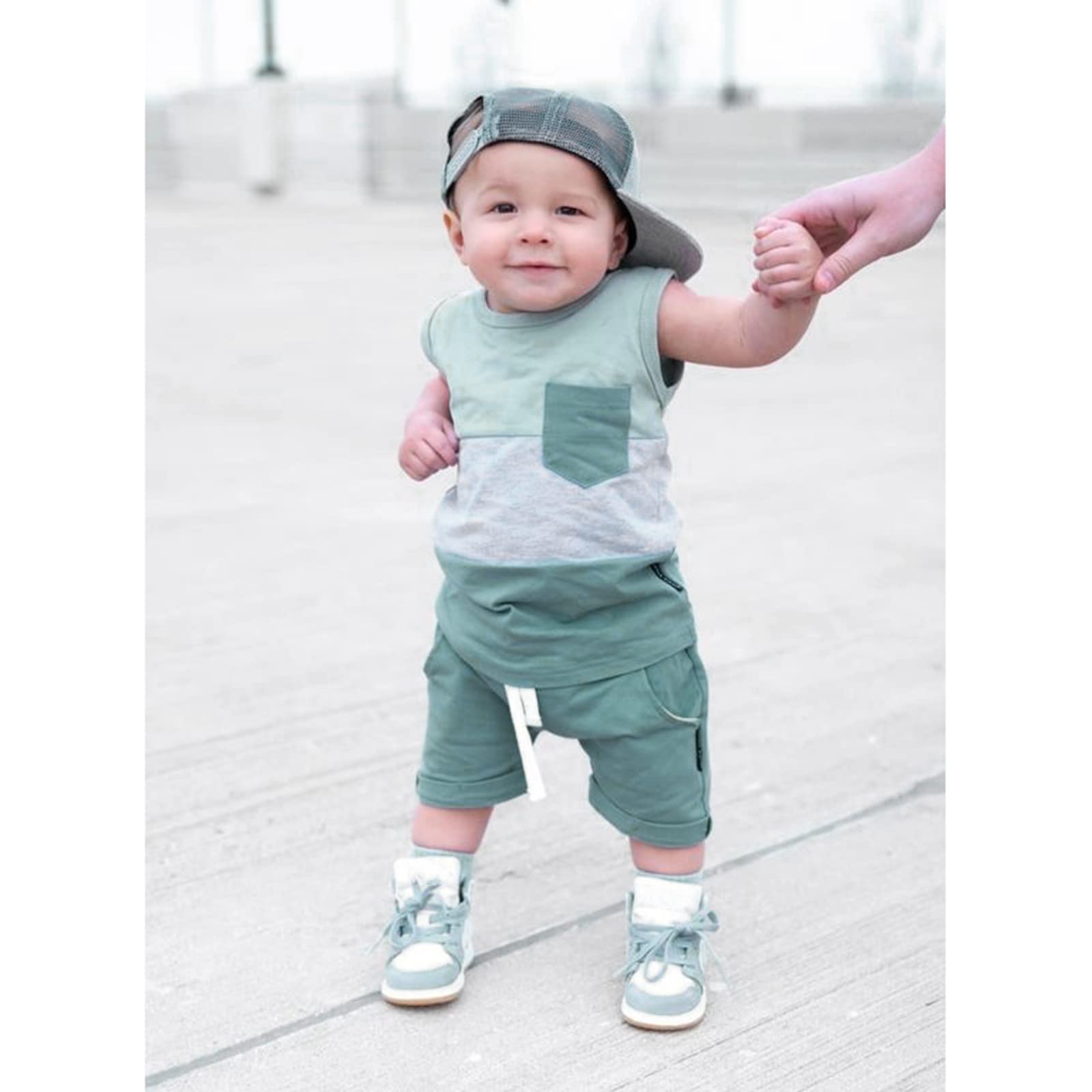 One opening 2Pcs Baby Boy Summer Clothes Patchwork Tank Top Sleeveless T Shirts Shorts Set Outfit Toddler Outfit (Blue, 6-12 Months)