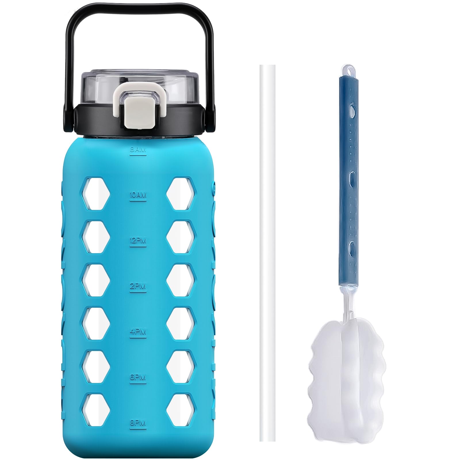 MUKOKO Half Gallon/64 oz Glass Water Bottles with Straw and Lid,Motivational Water Jug with Time Marker Reminder and Silicone Sleeve,100% Leakproof