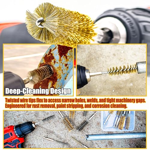 Image of 16-Piece Bore Brush Set - Brass Drill Wire Bore Cleaning Brushes - 1 /4 inch Hex Shank for Power Drills, Impact Drivers, Grinders (8 /10 /12 /15 /17 /19 /22 /25mm)