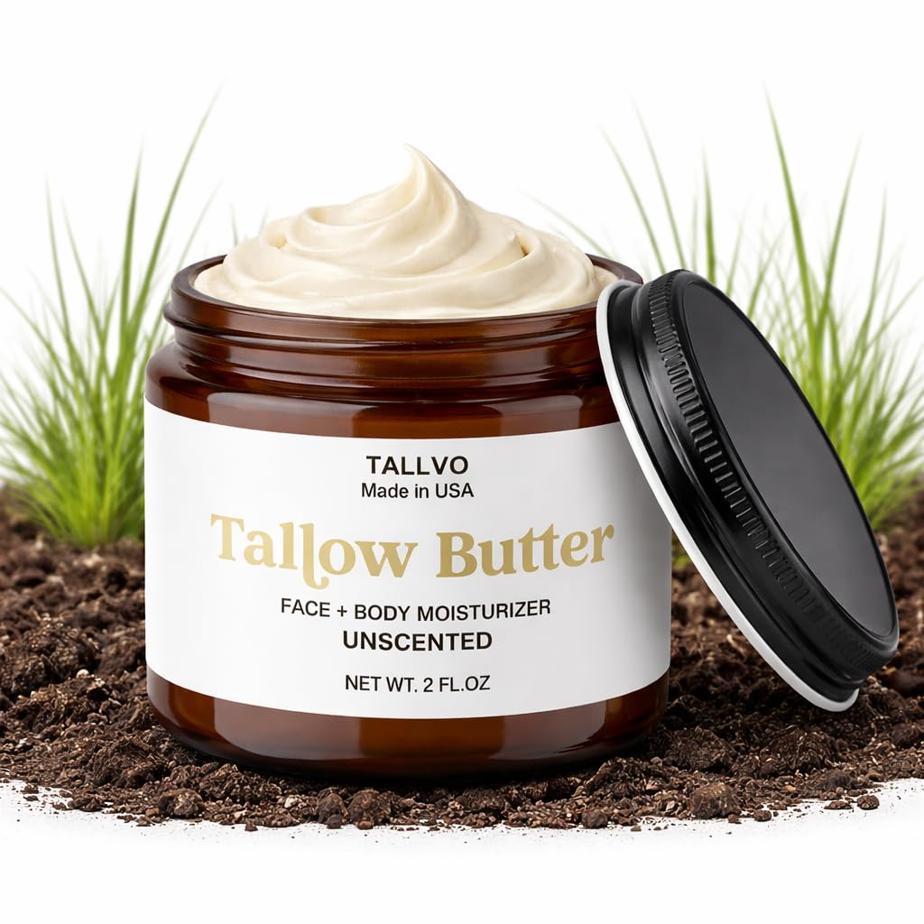 Grass-Fed Beef Tallow Moisturizer for Face & Body Whipped Tallow Balm for Dry Skin, Eczema & Sensitive Skin Natural, Non-Toxic, Deep Hydration Skincare (Unscented, 2 oz)