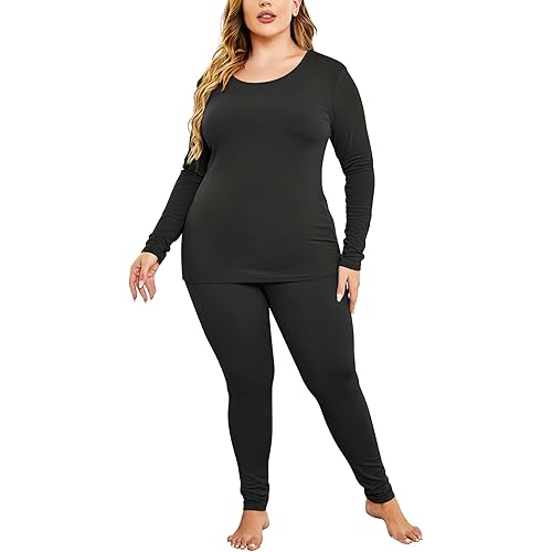 IN'VOLAND Women’s Plus Size Thermal Long Johns Sets Fleece Lined 2 Pcs Underwear Top & Bottom Pajama Set