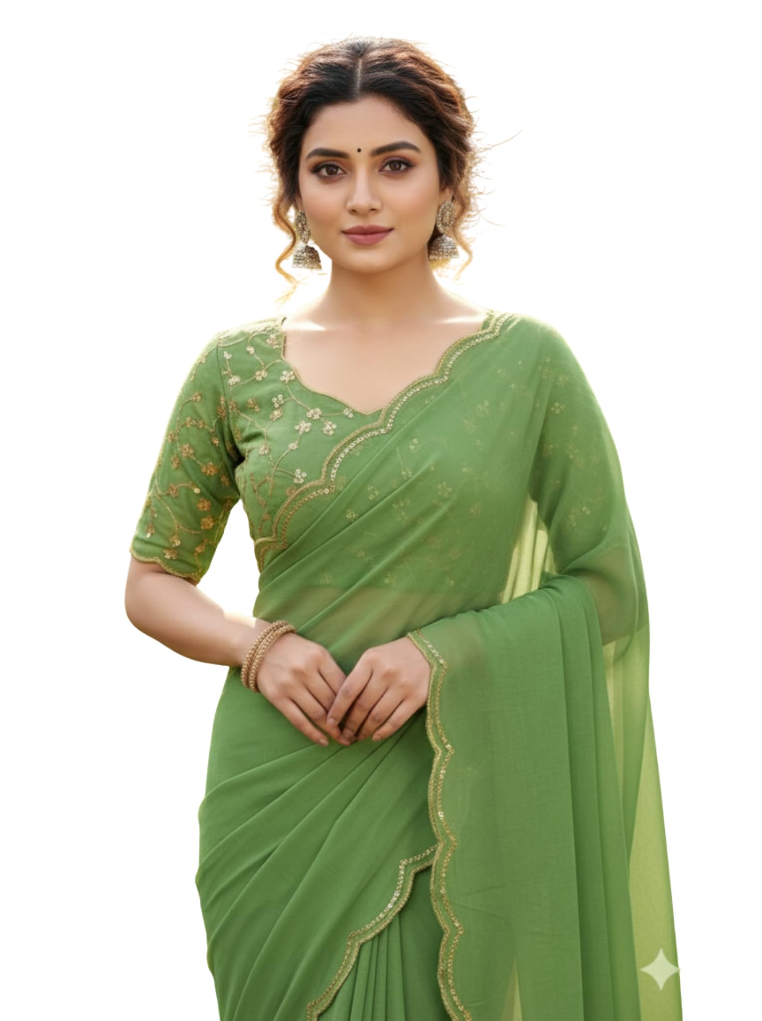 Chinon Silk Saree with Embroidered Blouse, Traditional Georgette Saree, Elephant Embroidery Pattern, V-Neck Design, Free Size, Festival Wear-picture-35