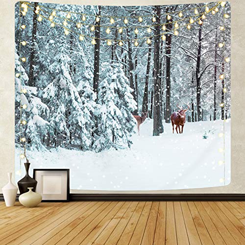 Krelymics Merry Christmas Deer Tapestry Snow Forest Woodland Winter Nature Tapestry for Christmas Home Decoration