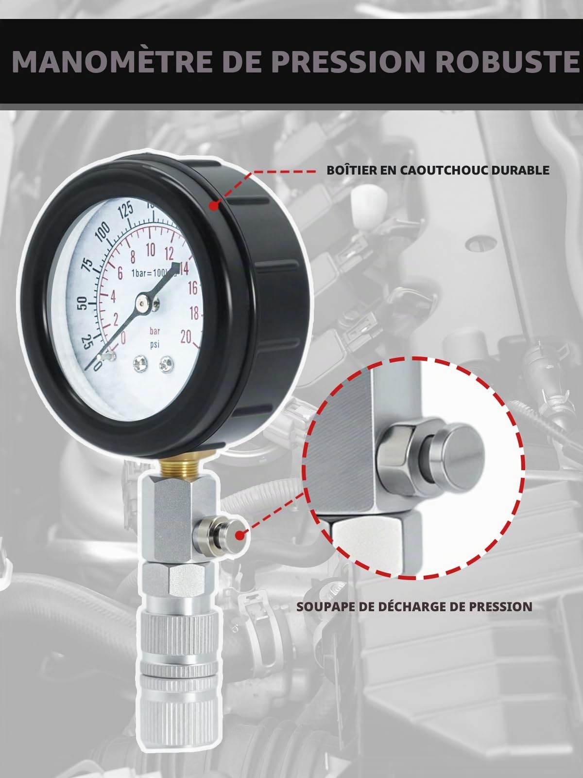 Kit de 11 Testeurs de Compression, Pour Moteur à Essence 0-300 PSI / 0-20 Bar, Testeur de Compression Pour Moteur à Essence de Voiture, Manomètre de Compression