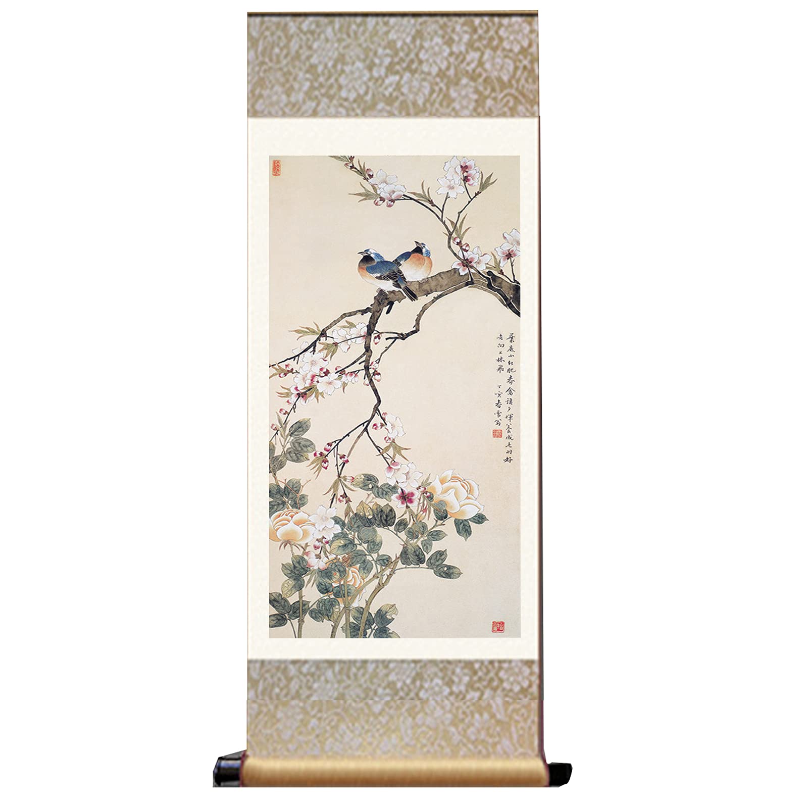 KEXYOAN Chinese Silk Scroll Painting Wall Decor,Watercolour Flowers Birds Home Décor