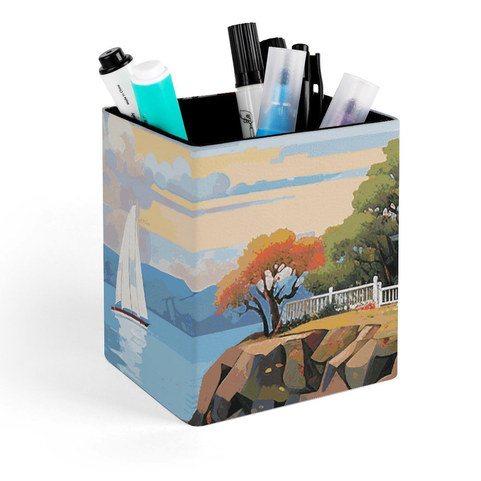 FekiLoot Coastal Lighthouse Pencil Holder Square Leather Pen Holder Cup Modern Multi-Functional Pencil Cup Holder Decorative Desk Organizer Caddy Makeup Brush Holders for Desk Office