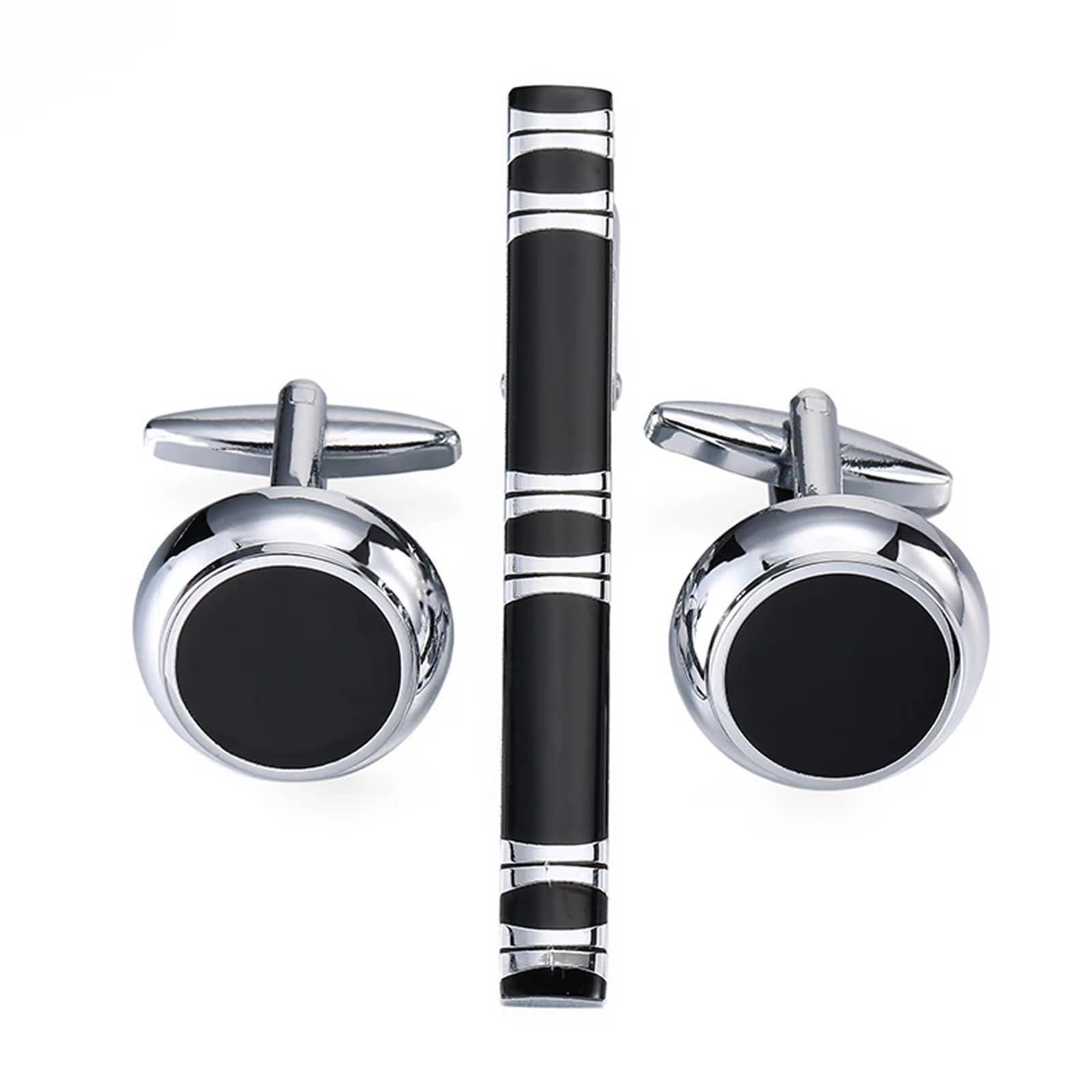Juego de Gemelos de Camisa for Hombre con Clip de Corbata de Traje y diseño de Rayas de Esmalte Negro Redondo de Material de Cobre para Camisas