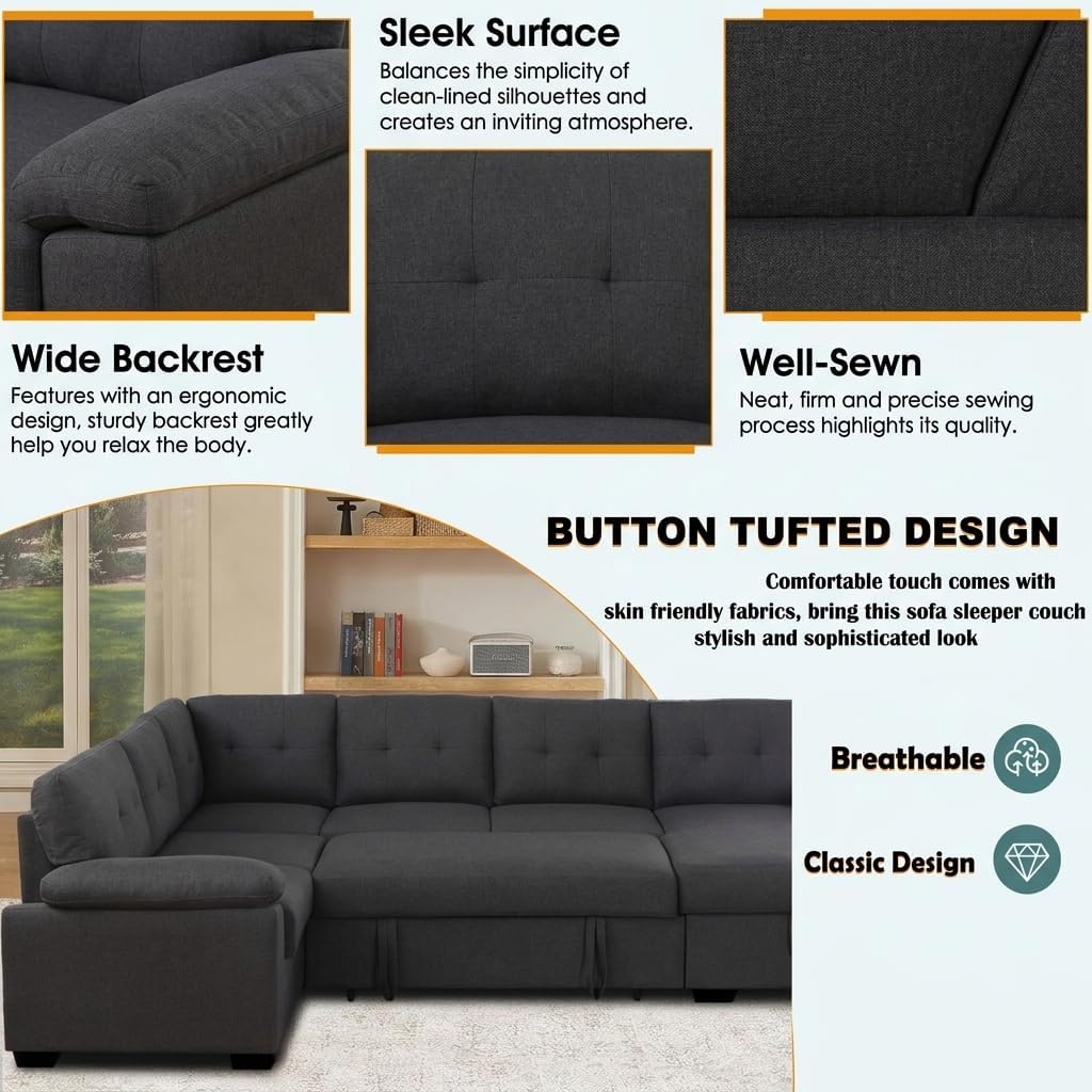 asunflower Sectional Sleeper Sofa Pull Out Couch with Storage 118-Inch U Shaped Sectional Couches for Living Room 6-7 Seater Oversized Sofa Bed Easy to Assembly(Dark Gray)