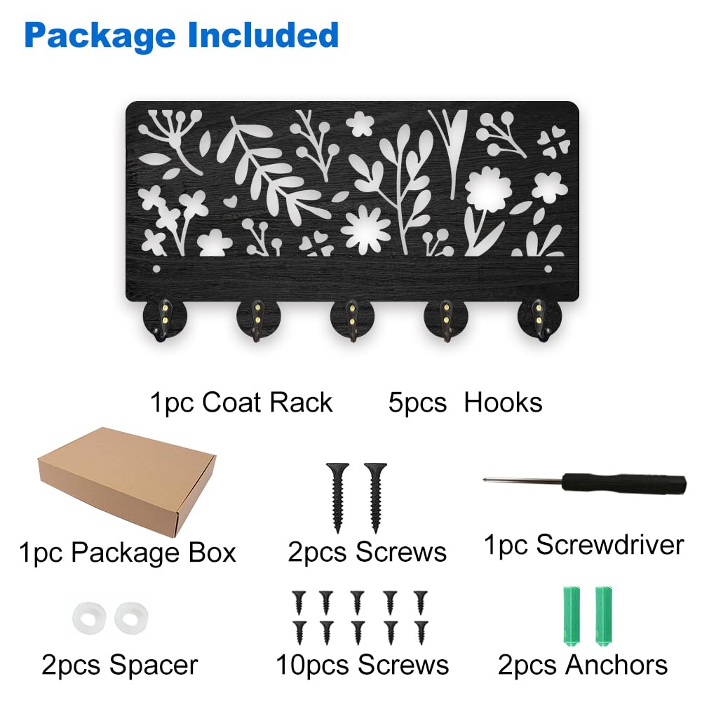 MAYJOYDIY Ganchos de madera para colgar en la pared, 30 x 15,9 cm, con diseño de plantas naturales, 5 ganchos de aleación, para regalo, sala de estar, oficina, entrada, pasillo
