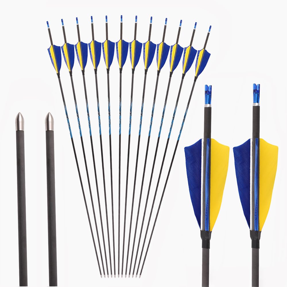 PHILOCS 12pc ID 4.2 mm Blue Yellow Fletching Hunting Arrows Spine 300 350 400 500 600 700 800 900 1000 Practice Arrow, for Archery (30inch,Spine 300)