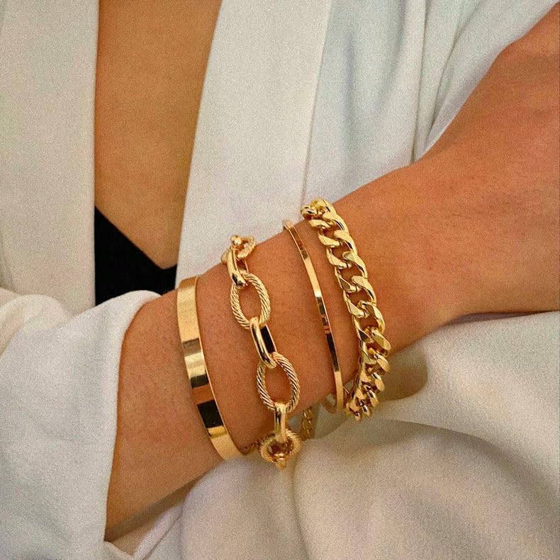 Harry and Henry 4 Pcs Gold Bracelets for Women Gold Layered Barcelet Cuban Link Chain Bracelet Gold Bangle Bracelet Gold Cuff Bracelets Stackable Bracelets Jewelry Gift for Girls - Image 4