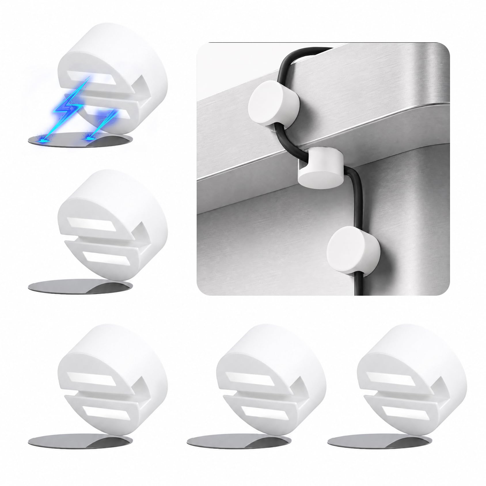 Maveek Magnetic Cable Clips White, Cord Organizer Magnet Silicone Cord Management Charging Cable Holder for Metal Desk, File Cabinet, Home and Office, with Extra Adhesive Plates (5 Piece, Large Size)