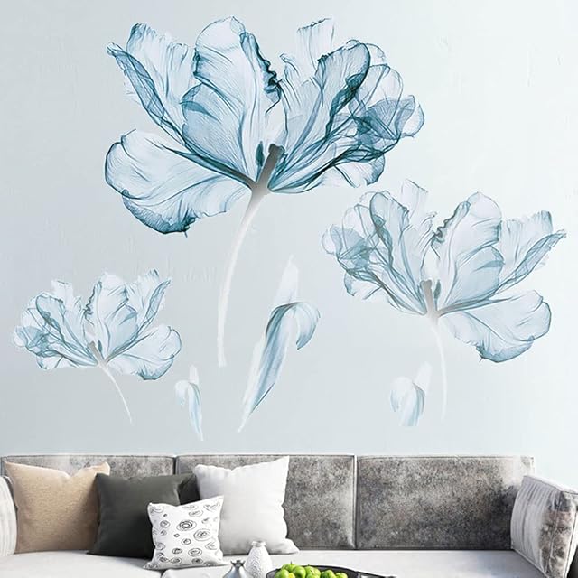 Tanlaby Light Blue Flower Wall Sticker Large Blue Floral Wall Decal Lotus Blossom Wall Decor DIY Vinyl Mural Art for Bedroom Living Room Offices Sofa TV Backdrop Wall Decoration