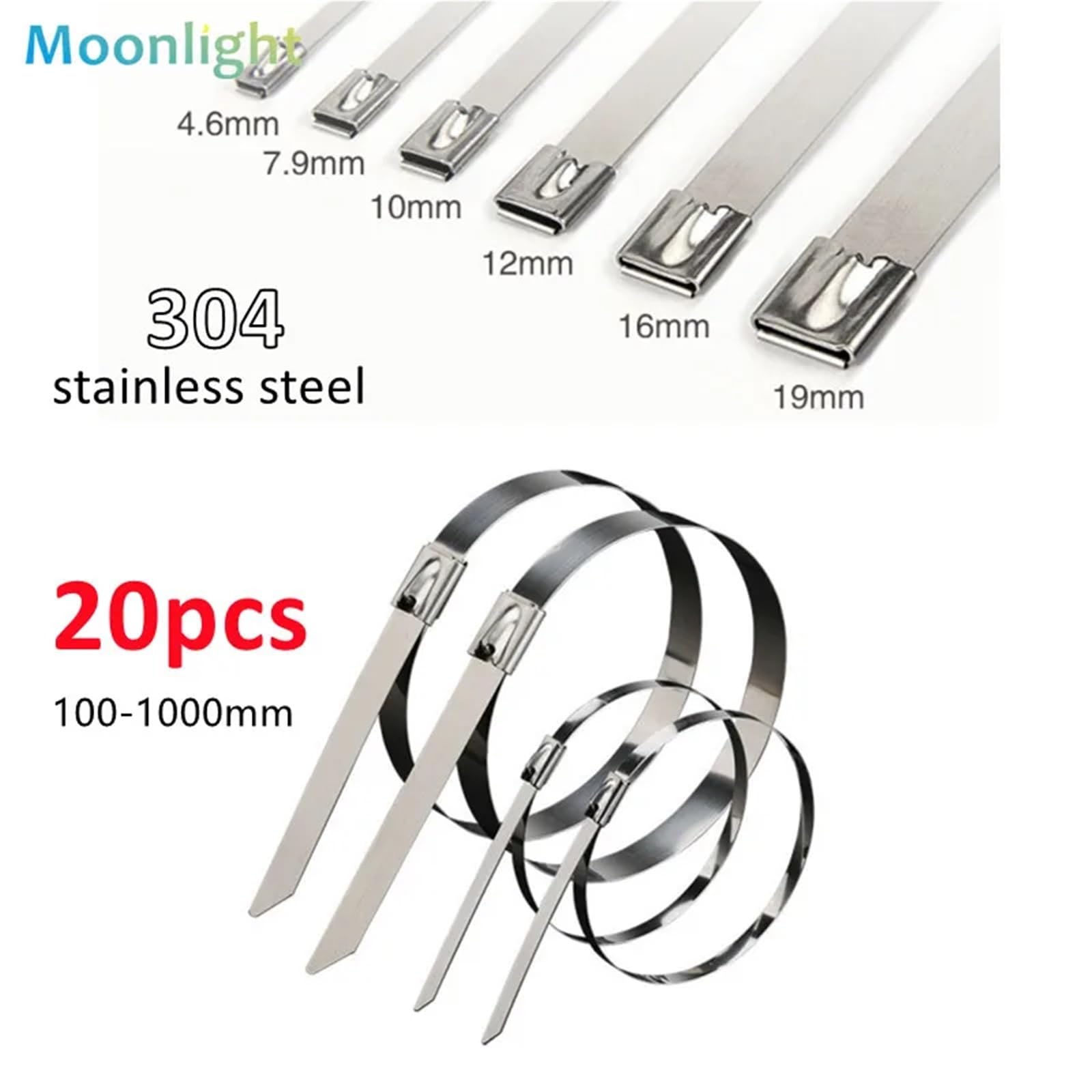Fascette in Acciaio Inox 20 fascette stringicavo in acciaio inossidabile da 4,6/7,9 mm, con chiusura a zip, rivestite in metallo, multifunzionali, for scarico.(7.9mm(0.31inch),1000mm(39.37inch))