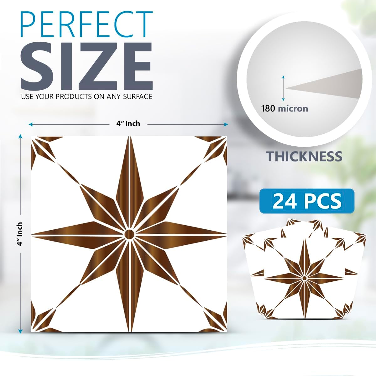 Tile Stickers by Mi Alma 24 pcs Talavera Wall Stencils Wall Stickers Peel and Stick Easy Application – Ideal for Bathroom, Kitchen Wall Tile Decals (Brown Star, 4X4 inch)