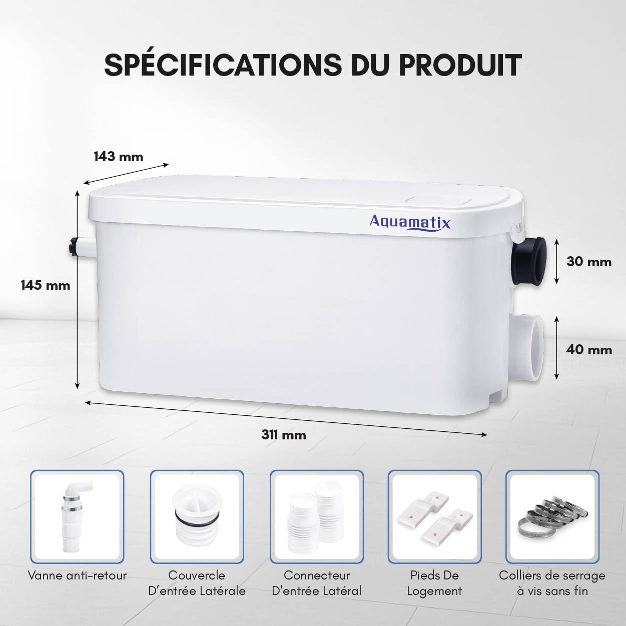 Aquamatix Pompe de douche 250W compacte Pompe de Relevage 8m Distance de pompage verticale 100L/min pour douches, éviers 2 entrées