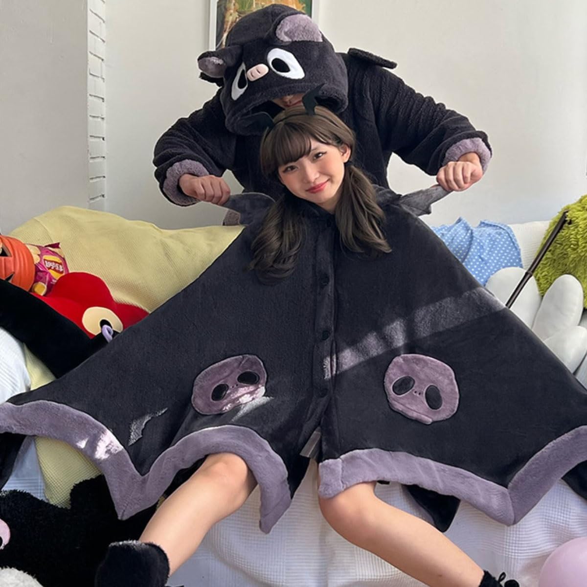 Niedliche Fledermausdecke Mit Kapuze, Aus Weichem Korallensamt, Für Halloween & Cosplay – Universalgröße Für Erwachsene