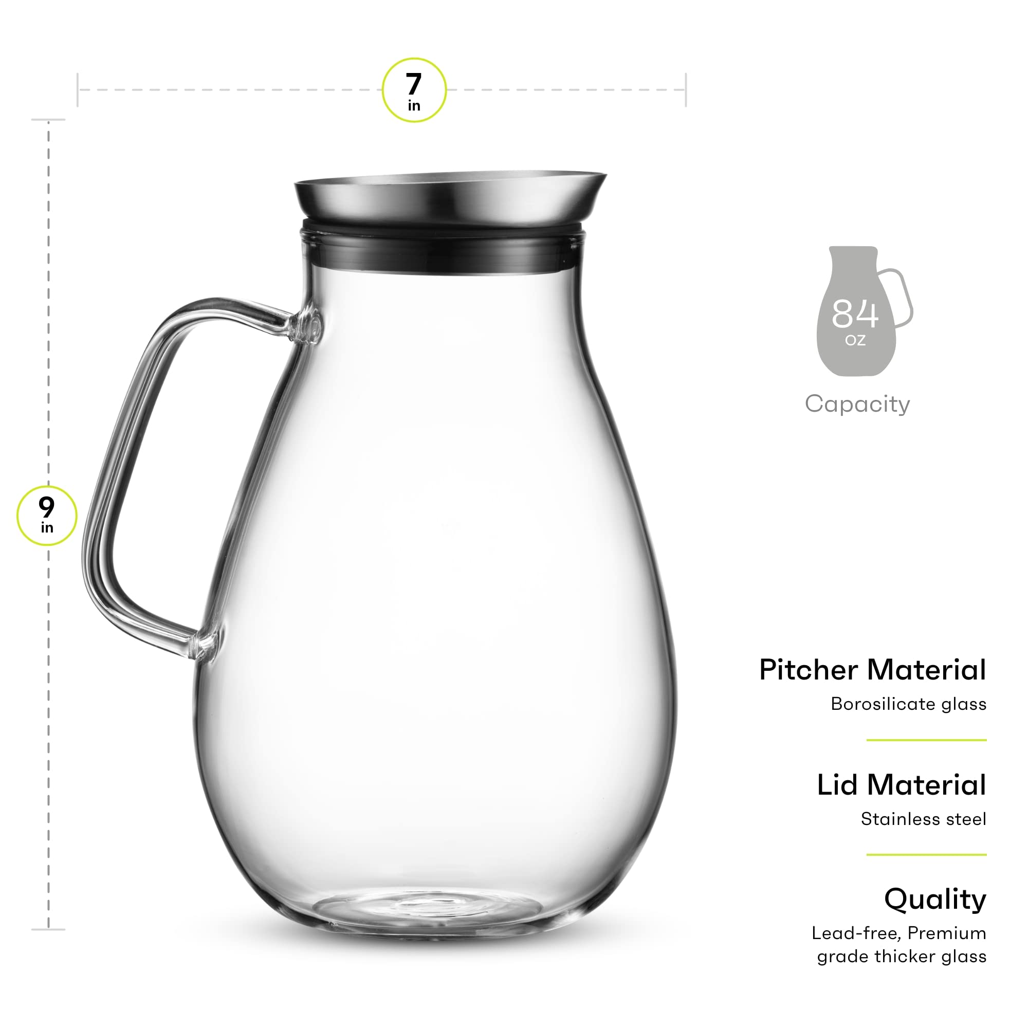 Glaskrug mit Edelstahldeckel, schöne leichte Karaffe mit breitem Griff, ideal für kalte und heiße Getränke wie Tee, Limonade, Saft, Wasser, Kaffee, Kaltgebrüh