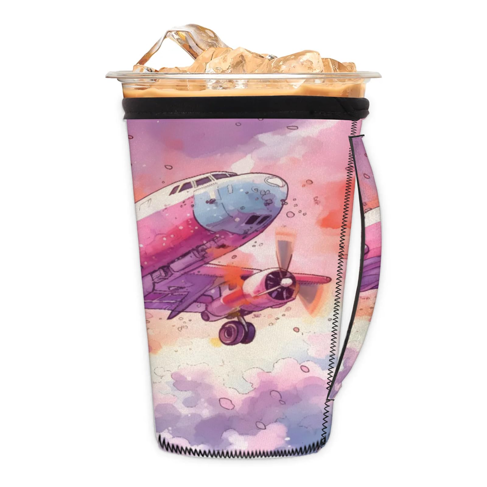 Airplane Watercolor Reusable Neoprene Coffee Sleeve with Handle Insulated Iced Coffee Cup Holder Reduces Condensation Fits 24-28 oz Cups M