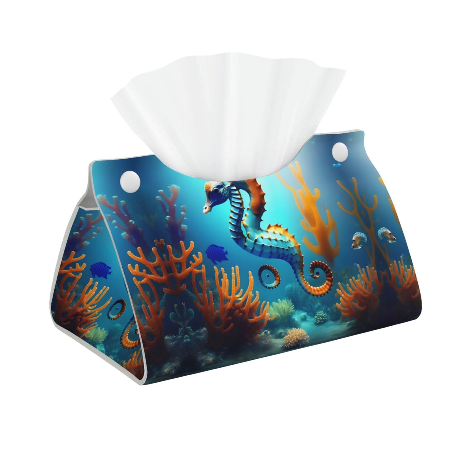 Seabed Coral Seahorse Print Long Tissue Box Cover Holder Foldable Leather Organizer for Vanity, Nightstand, Desk & Bathroom