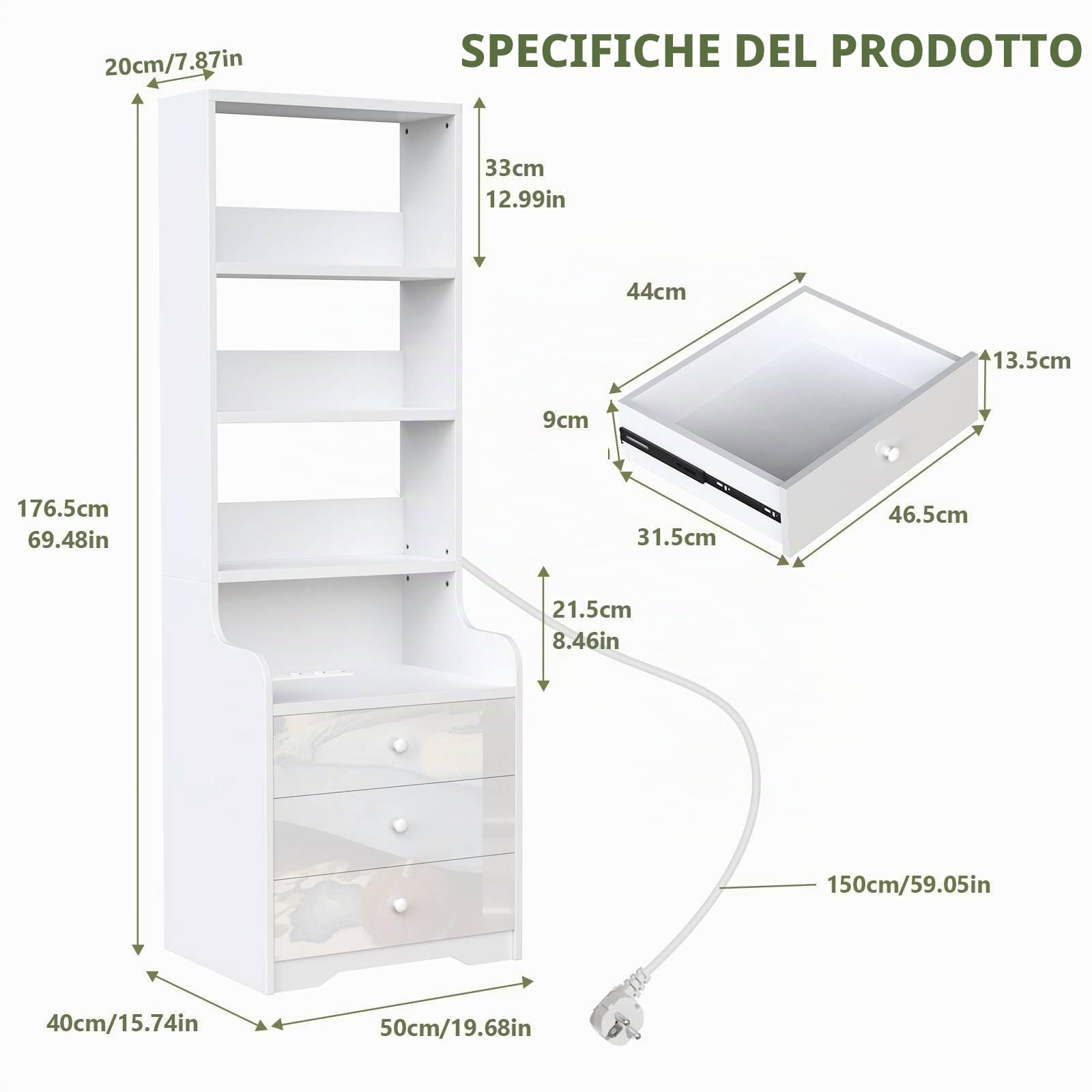 Comodino Camera da Letto Moderno Con Stazione di Ricarica, Comodini Camera da Letto con 3 Scomparti a 3 Cassetti, Grande Tavolino da Letto Tavolo da Divano Soggiorno 40x50x176cm Cassettiera Bianco