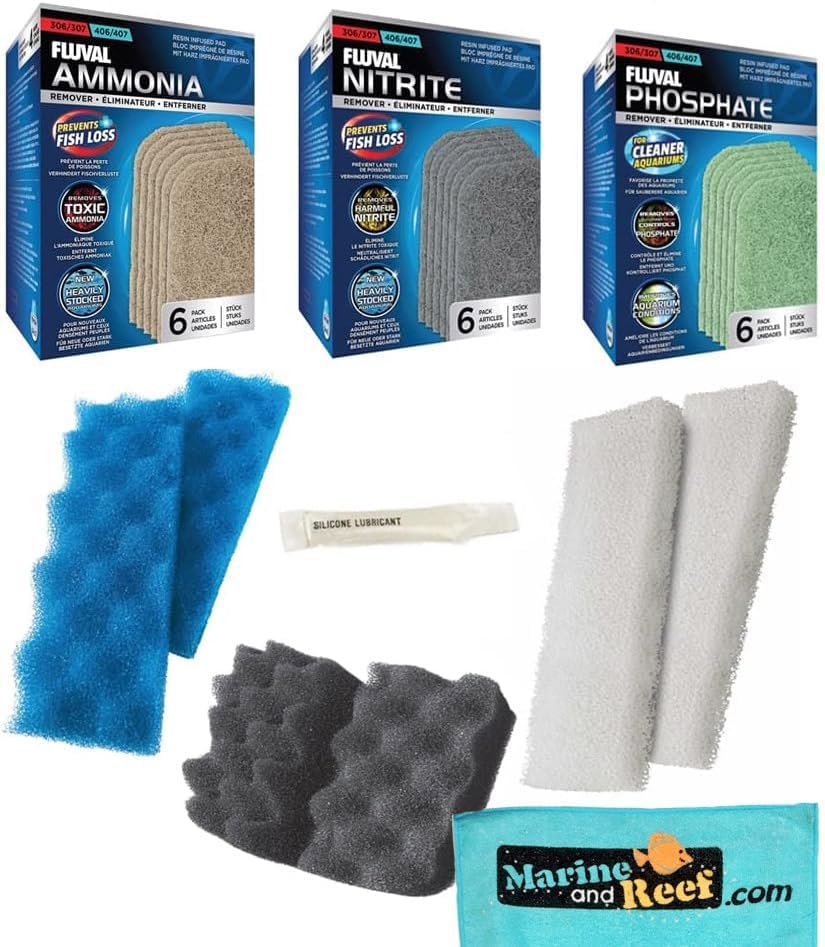 Inland Seas Fluval Bundle of 6 Replacement Medias for 306/307 Aquarium Filters: All Three Bio-Foams, Ammonia Remover, Phosphate Remover & Nitrite Remover + Towel & Grease
