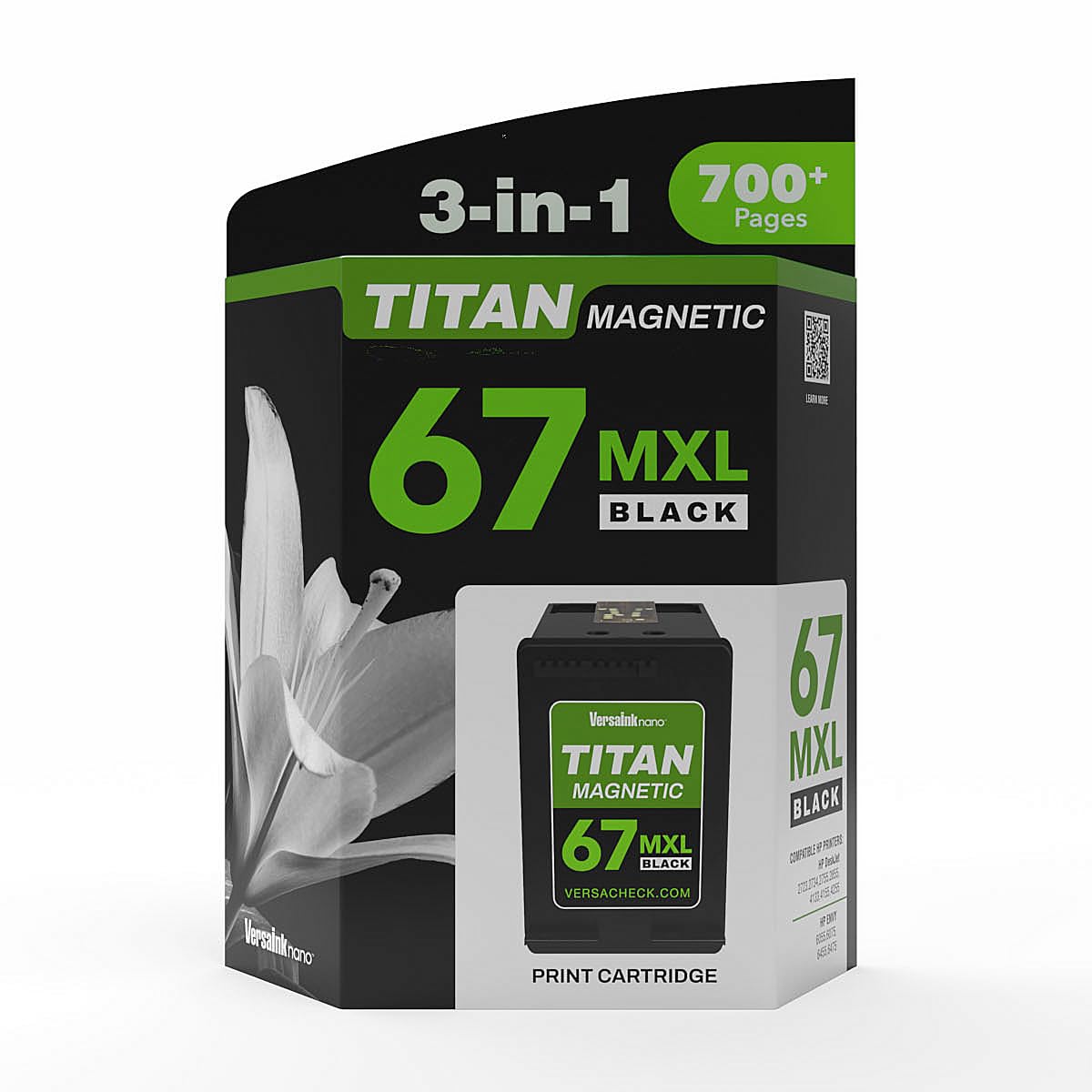 VersaInk-Nano HP 67 MXL Titan-Magnetic (MICR 3-in-1) Black Ink Cartridge Replacement of HP 67 and 67 XL, Works with HP DESKJET