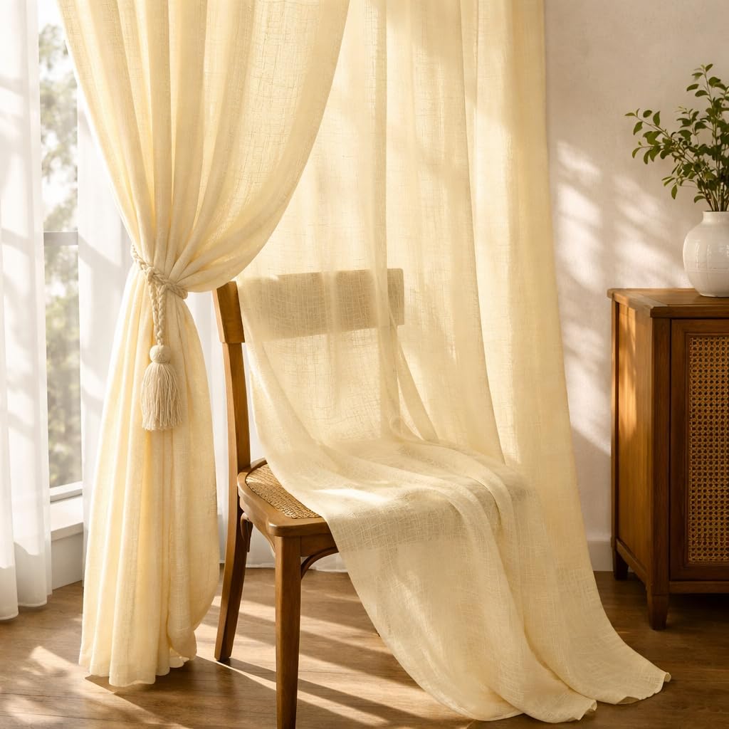 THE LINEN COMPANY Cotton Linen Solid Sheer Rod Pocket Window Curtains, Transparent Net Curtains Light Filtering Privacy Drapes for Window & Kitchen, Butter Cream, 5 Feet, Pack of 1