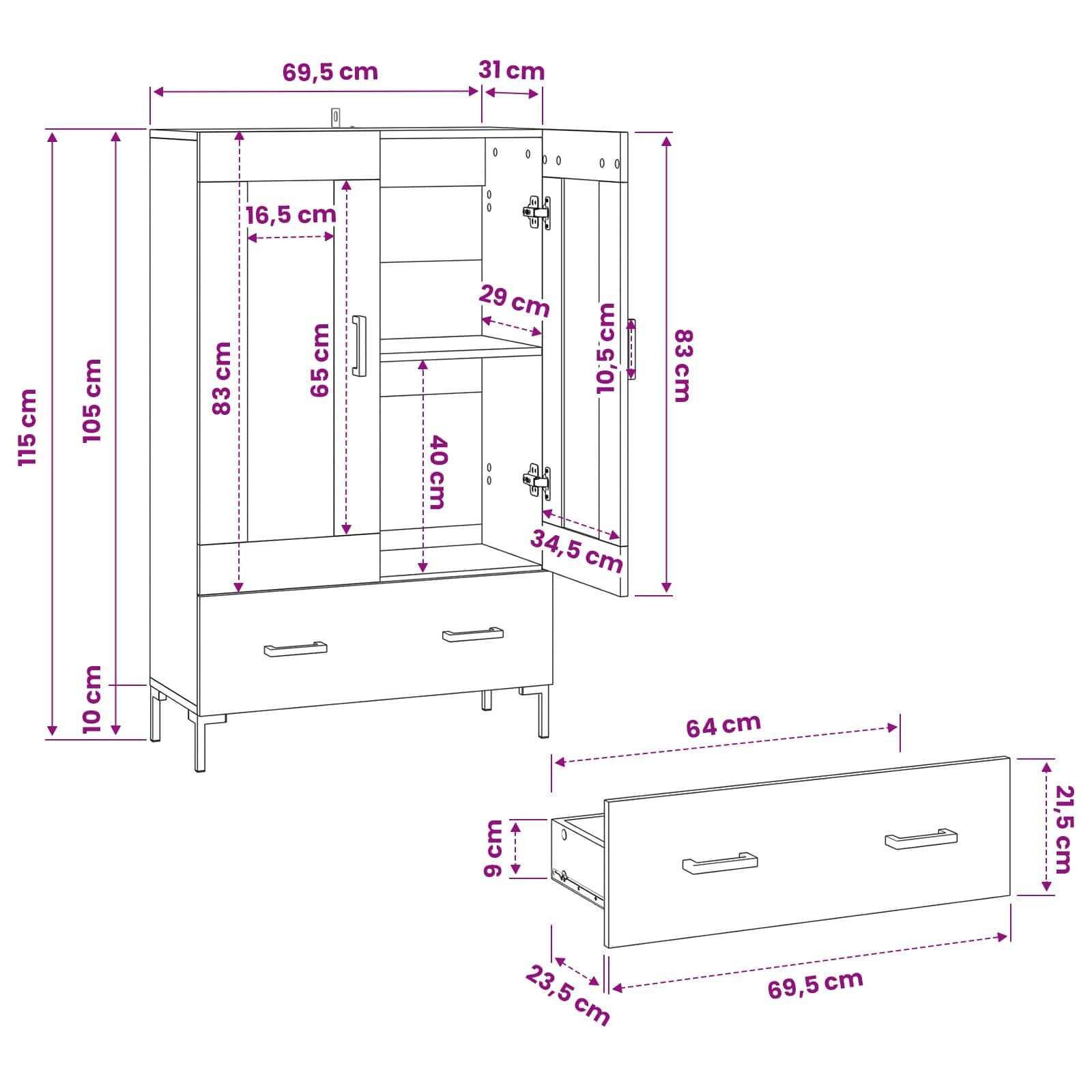 Meuble haut noir aspect chêne en bois 69,5 x 31 x 115 cm avec tiroir, portes, pieds en métal pour salon, salle à manger, bureau, rangement moderne et espace de rangement