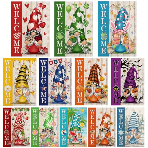 YOVOYOA Gnome Garden Flags for Outside Set of 12 Welcome Seasonal Garden Flags 12x18 Double Sided Gnomes Holiday Lawn Flags Gnome Winter Spring Outdoor Garden Flag for Yard Farmhouse Decor