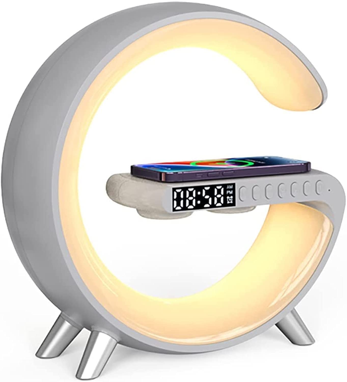 Bedside Table Lamp, Desk Night Light with 15W Quick Wireless Charger and Bluetooth Speaker, Desk Lamp with Alarm Clock and 256 RGB Light Modes