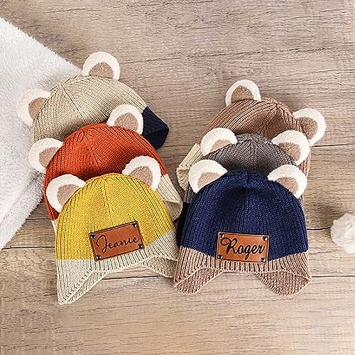 Personalized Baby Beanie Hat, Custom Kids Name Winter Warm Hats with Leather Patch Toddler Knit Double Pom Pom Flake Hats for Infant Gift Blue3