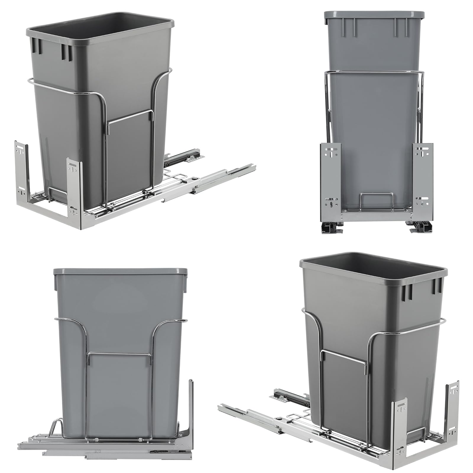 Poubelle coulissante sous meuble cuisine – Acier inoxydable gris, fermeture douce, capacité 30QT/45kg, bac à déchets et recyclage, glissières à extension totale, gain de place – Taille : 25,