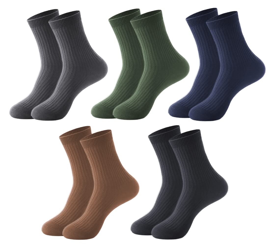 Mens Calf Dress Socks - Vertical Stripes Crew Socks for Men - Cotton Business Socks (Multi 5Pairs) - One Size