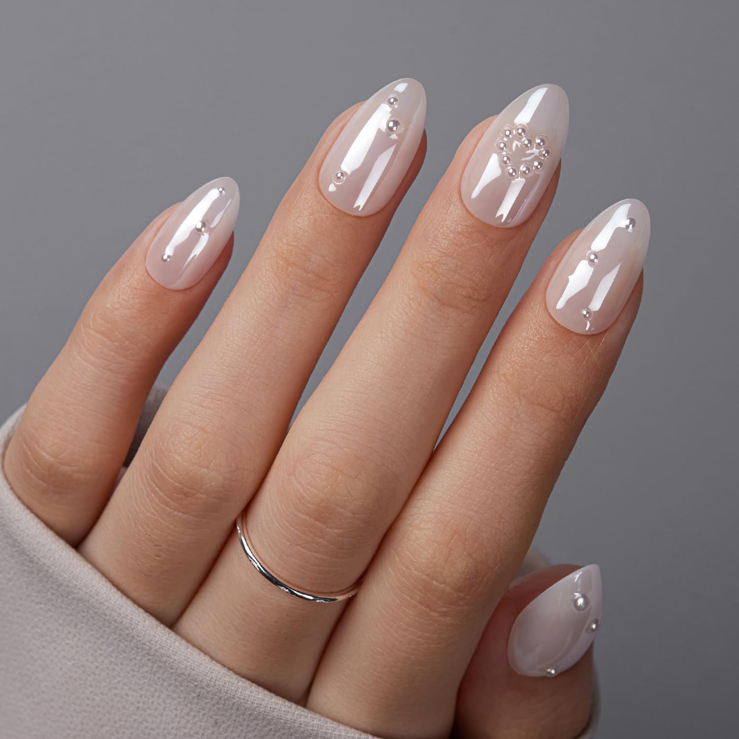 VSALON Press on Nails Short Almond - Dark Purpule Blue Cat Eye Sparkle Ribbon Design Halloween Nails for Women, Reusable Opaque Gel Chrome Glue on Nails with Glue & Cuticle Oil - 32 PCS in 16 Sizes: B1-Starry Dots