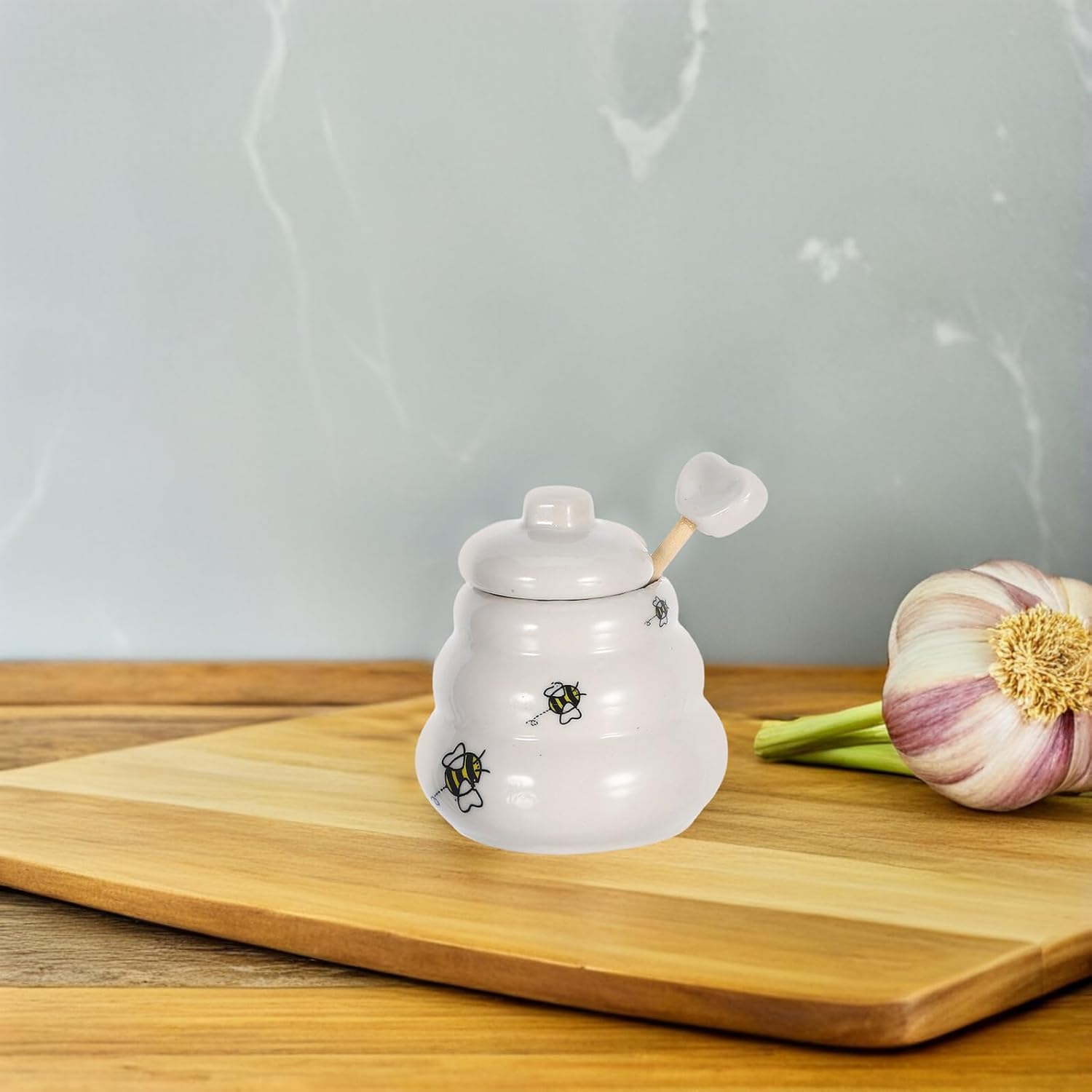 Ceramic Honey Jar and Dipper Set with Lid 5pcs Bee Honey Pot for Kitchen Dining and Gift for Home Use and Special Occasions