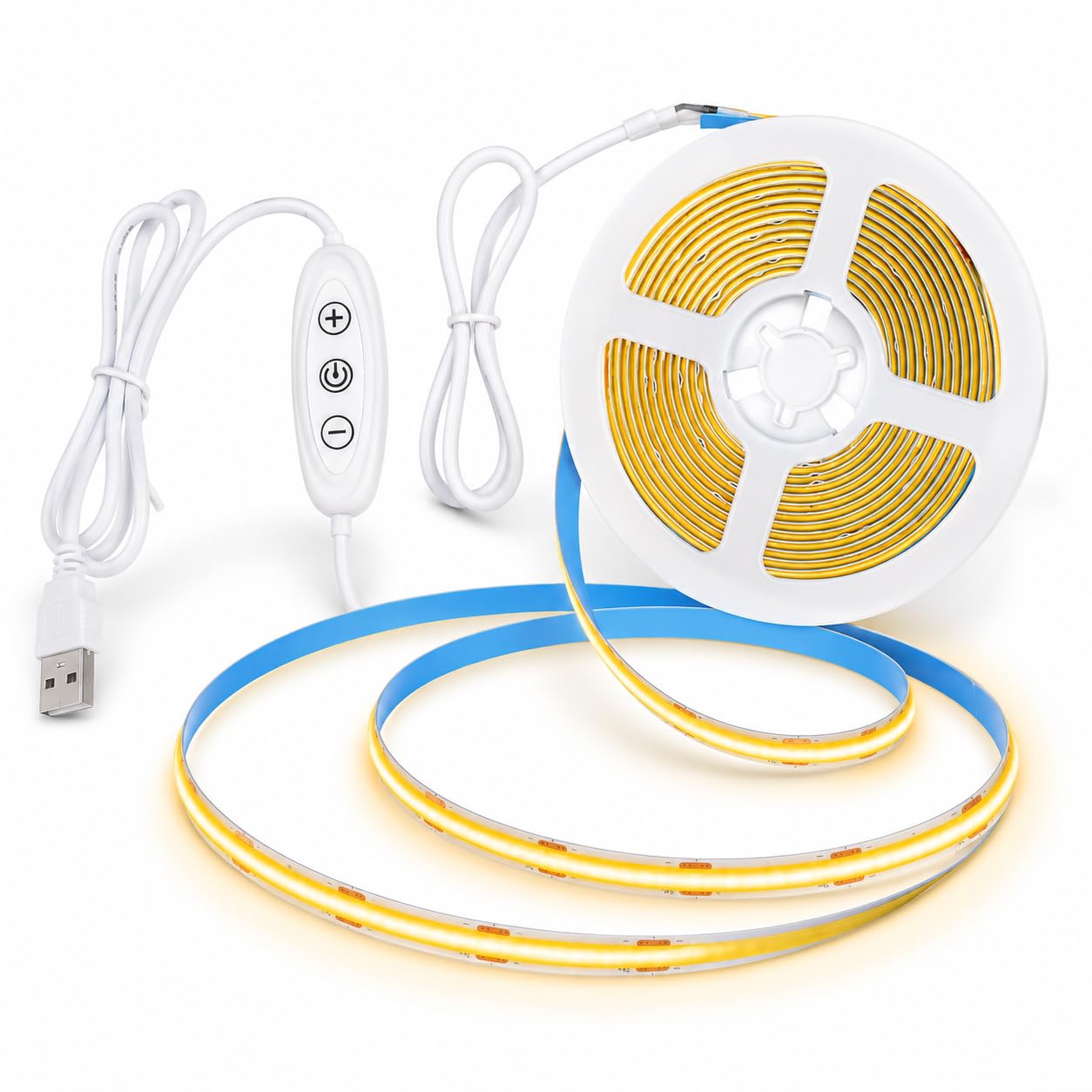 COB LED Strip Light 3 m, USB Powered 5V Flexible Warm White 2700K LED Light Strip, 8mm Width Dimmable CRI92+ High Bright Flexible Cuttable, 320LEDs/M for Bedroom Kitchen Under Cabinet Home Decor